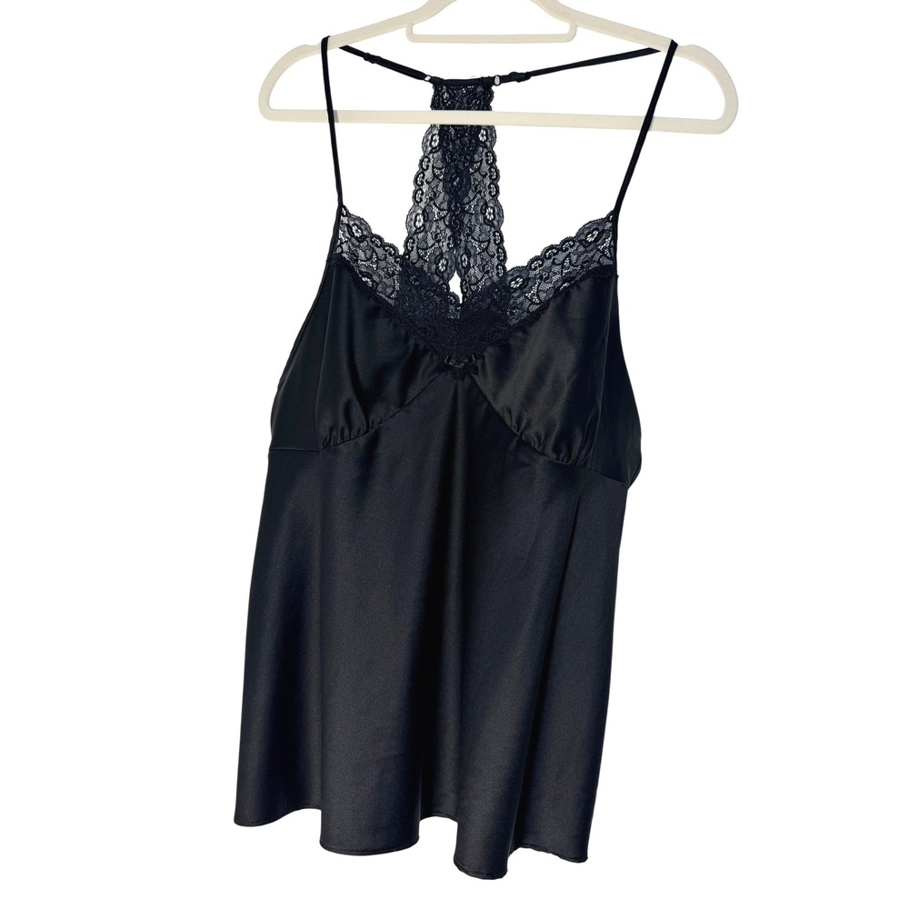 Ambrielle Black Satin Lace Racerback Camisole Lingerie Top XL Indie Goth Y2K